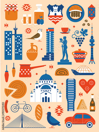 Travel Belgrade Vintage Poster with Serbia Icons