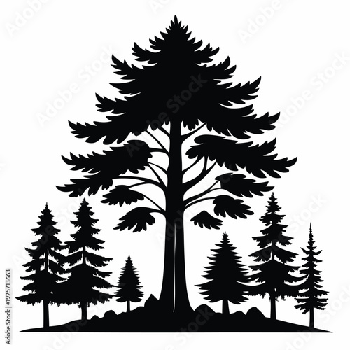 giant tree pine forest silhouette line art vector illustration with a white background