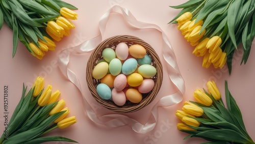Pastel easter eggs in wicker basket surrounded by yellow tulips on pink background pastel eggs