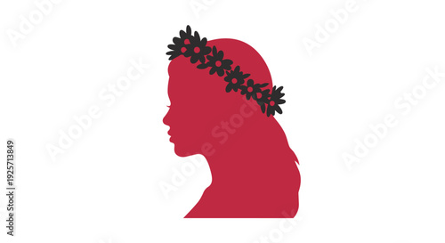 Magenta silhouette of a womans head with a floral wreath on her hair
