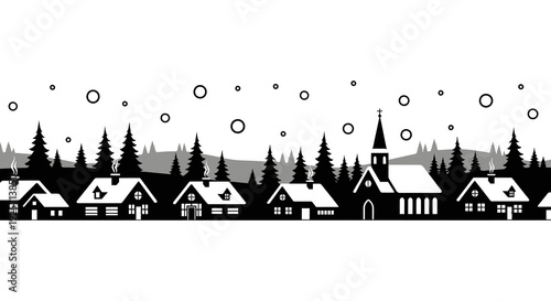 Silhouetted winter village scene with snow falling against a white background