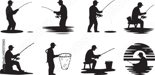 Silhouettes of men engaging in various fishing methods and techniques by the waters edge