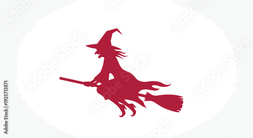 A silhouette of a witch flying on a broomstick in a circular frame