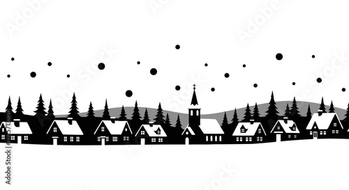 A silhouetted winter landscape featuring trees houses and falling snow