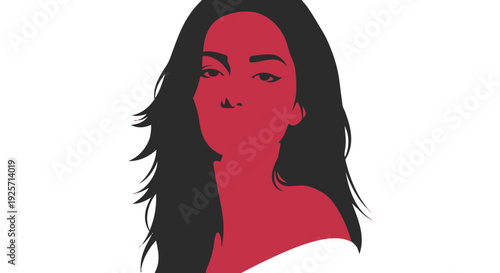 A vibrant red silhouette of a woman with long dark hair