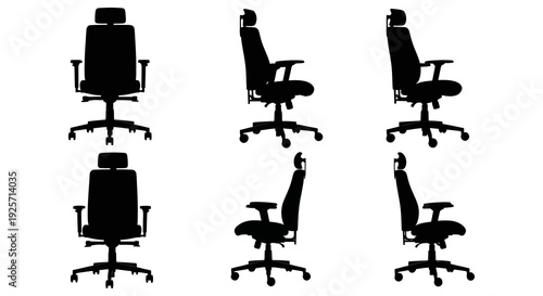 Silhouettes of office chairs in various positions against a white background