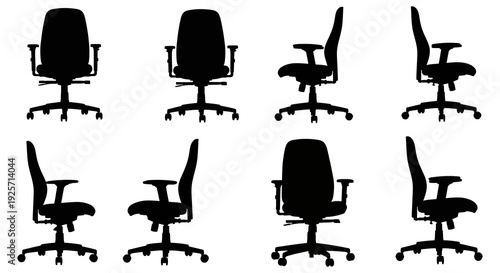 Collection of office chair silhouettes in various styles and perspectives
