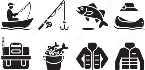Various black silhouette icons illustrating a person fishing in a boat, essential gear, and caught fish