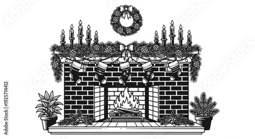 Vintage illustration of a decorated fireplace with stockings and a christmas wreath