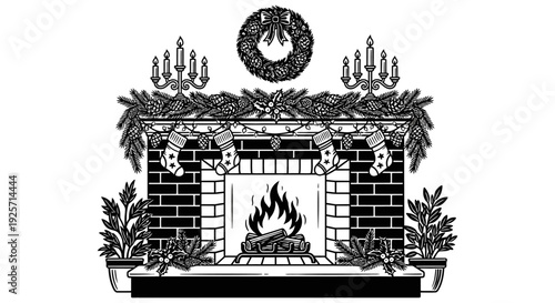 Festive fireplace scene with a wreath and stockings black and white illustration