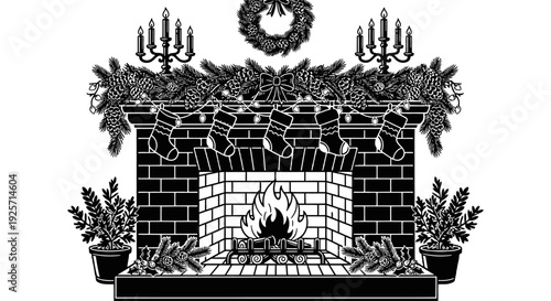 Festive fireplace scene with stockings wreath and burning fire illustration