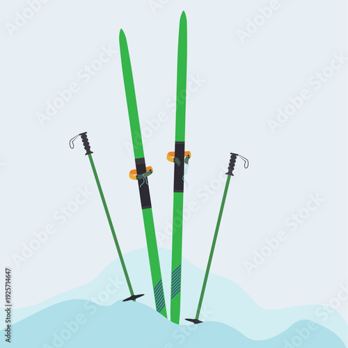 Green skis in a snowdrift. Vector illustration.