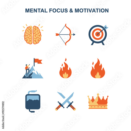 Flat Vector Icons of Mental Focus and Motivation Psychological Drive