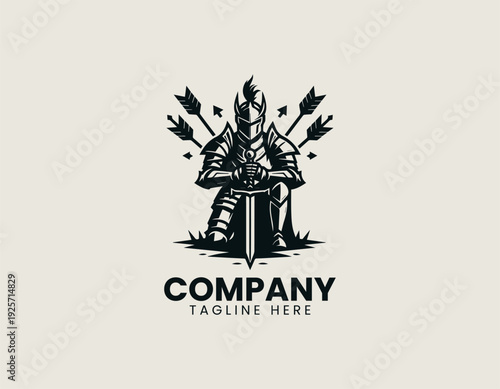 Medieval armored knight kneeling with sword and arrows black vector logo illustration