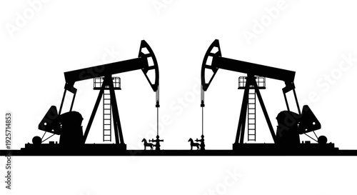 Silhouette of two oil pumps against a stark white background