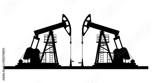 Two oil pumps or derricks are silhouetted against a white background