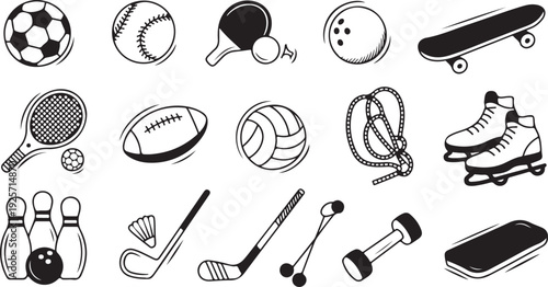 Black and white of various sports equipment and activities including soccer ball, tennis
