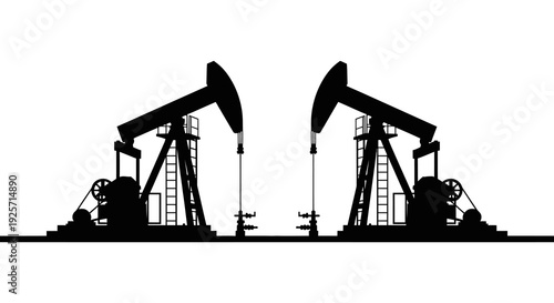 Silhouette of two oil pumps against a stark white background industrial landscape