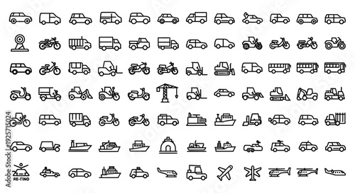 Collection of various vehicle and transportation line drawings in a grid format