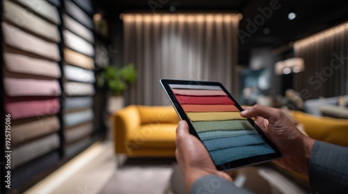 Person comparing digital sofa color options with fabric swatches in modern showroom