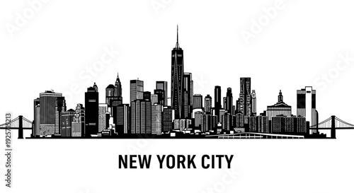 A minimalist black and white skyline illustration of new york city with iconic landmarks