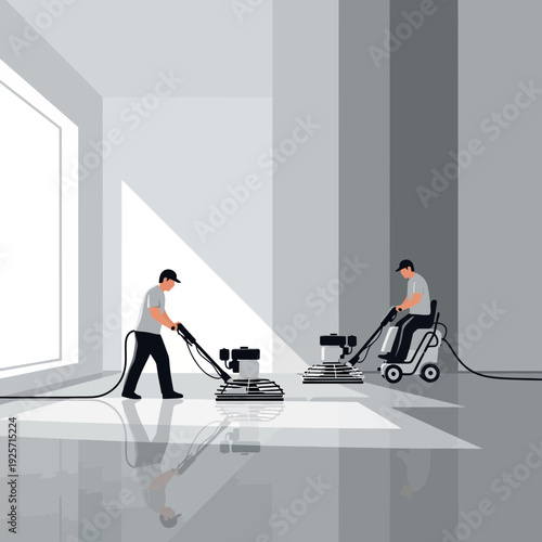 Industrial Floor Polishing Professionals Working With Modern Machines Indoors