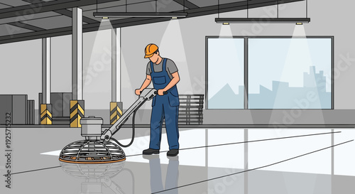 Industrial Floor Polishing Worker Refinishing a Large Concrete Surface