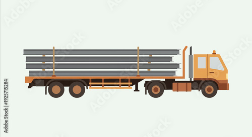 Industrial Freight Transport Of Metal Beams Via Truck On Plain Background