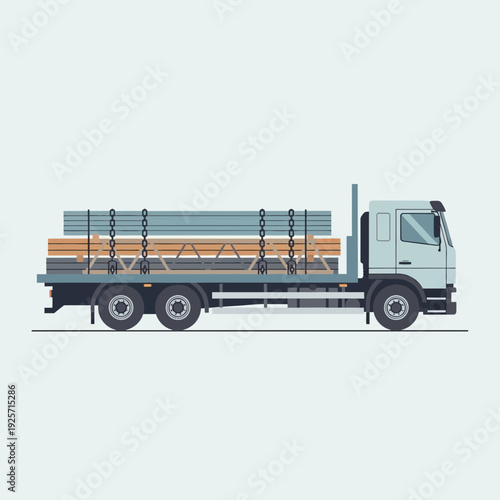 Industrial Freight Truck Delivering Construction Materials Safely Secured For Transport