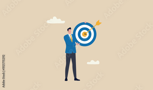 Business target, aiming high goal, objective or purpose, skill or aspiration to achieve target, precision or accuracy concept, success businessman holding big target arrow hit bullseye center.
