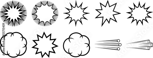 Set of simple black outline templates featuring circular explosion shapes and swirling motion indicators intended for use in pop art or animation backgrounds.