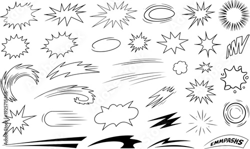 Assortment of dynamic comic book style action lines, speed effects, bursts, and speech bubbles used to convey motion, impact, and surprise in visual narratives.