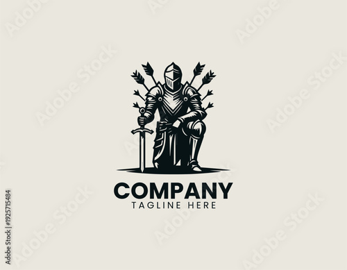 Medieval armored knight kneeling with sword and arrows black vector logo illustration