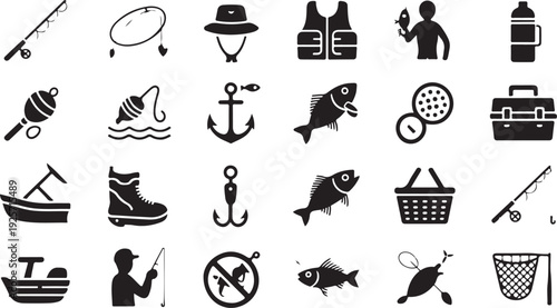 A comprehensive collection of black silhouette icons representing various fishing activities and equipment