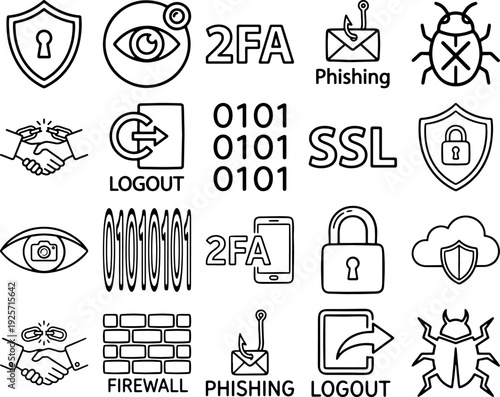 Array of cybersecurity and data protection icons illustrating two-factor authentication, phishing threat, firewall, SSL encryption, logout function, and bug detection symbols.