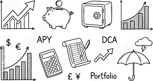 Assortment of sketched financial management icons depicting rising bar charts, APY label, DCA notation, currency signs, and protective umbrella against economic storm.