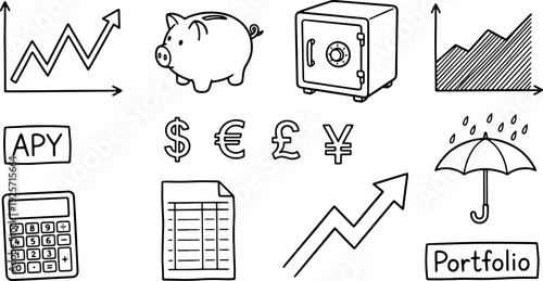 Collection of hand-drawn finance and investment icons featuring graphs, currency symbols, piggy bank, safe, calculator, and umbrella for financial planning concepts.