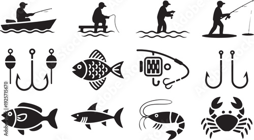 A comprehensive set of fishing related silhouettes featuring anglers, equipment, and various marine animals