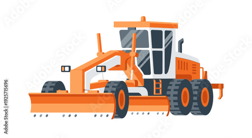 Industrial Grader Vehicle In Bright Orange And White On White Background