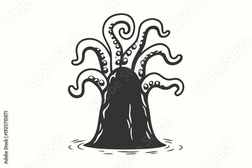Menacing Alien Creature with Multiple Tentacles Silhouette Isolated on White Background