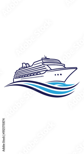 Modern blue and white cruise ship sailing on waves, isolated white background.