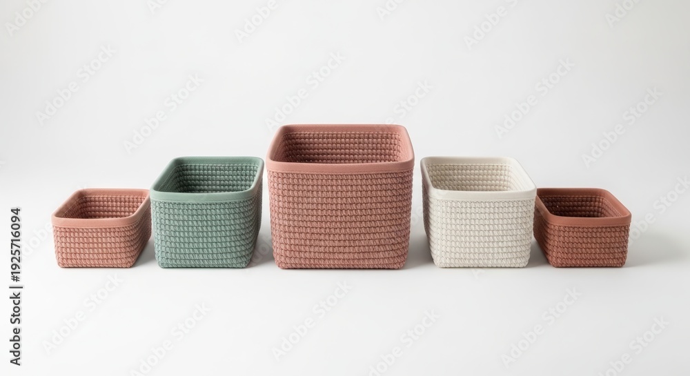 Obraz premium Symmetrical arrangement of colorful reusable woven baskets on white background