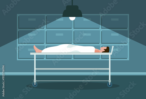 Body in hospital morgue in flat style. Corpse on wheeled bed. Mortuary room concept. Vector stock