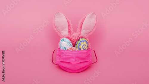 Pink face mask with bunny ears and colorful Easter eggs colorful eggs pink background 2