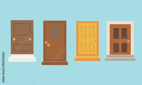 Four Different Cartoon Style Doors with Various Colors and Designs on a Light Blue Background entry entrance