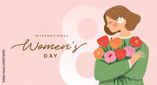 International Women's Day greeting card with a woman holding a bouquet of flowers, featuring minimalistic design and soft pastel colors with elegant typography.