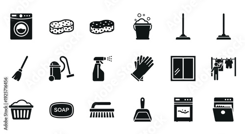 Black icons depicting various cleaning supplies and household chores silhouette
