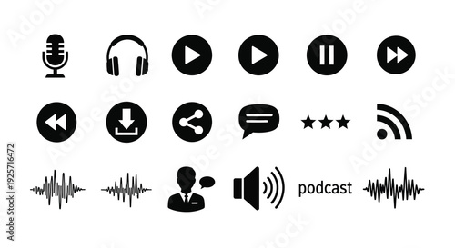 Various black media player and audio control icons in a row silhouette