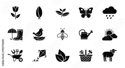 A collection of black silhouettes depicting spring and garden elements silhouette