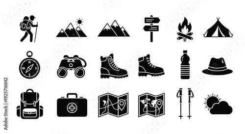 Hiking and camping icons with mountain views a distinct silhouette